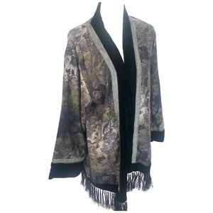 Chico’s Black Gray Open Front Velvet Trim Fringe Jacket Coat Kimono‎ Sz 1 (US 8)